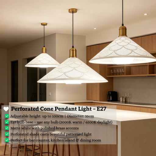White perforated cone pendant light with brass accents, E27 bulb base, 100cm height, 35cm diameter, over modern bar and dining counter.