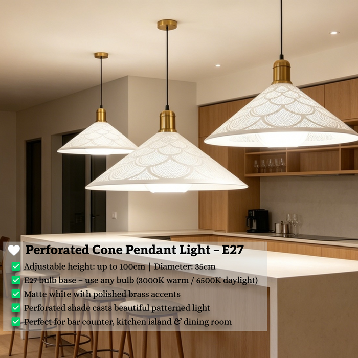 White perforated cone pendant light with brass accents, E27 bulb base, 100cm height, 35cm diameter, over modern bar and dining counter.