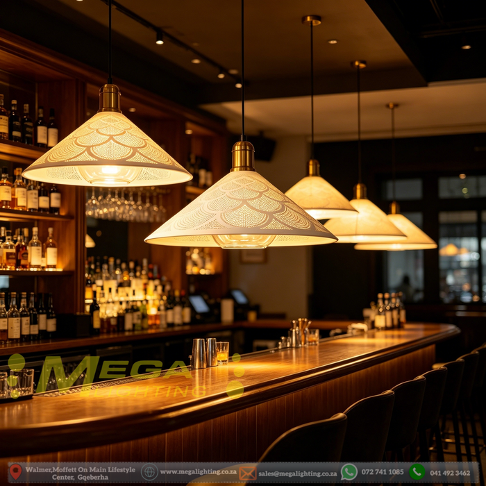 White perforated cone pendant light with brass accents, E27 bulb base, 100cm height, 35cm diameter, over modern bar and dining counter.