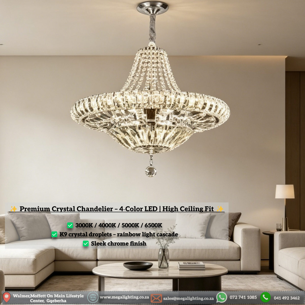 Premium Crystal Chandelier – 4‑Color Temperature, Low‑Hanging