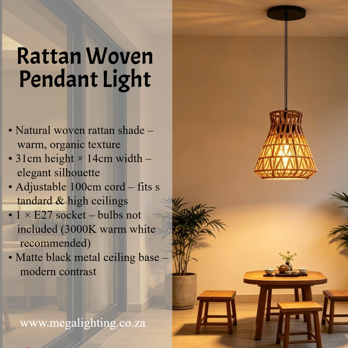 MEG‑M249 rattan woven boho pendant light 31cm×14cm adjustable 100cm cord MEGA LIGHTING South Africa