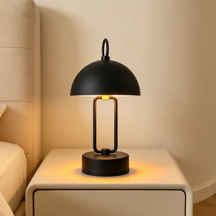 MG‑HD‑058 rechargeable black metal dome table lamp cordless portable bedside lamp with carry‑ring MEGA LIGHTING South Africa