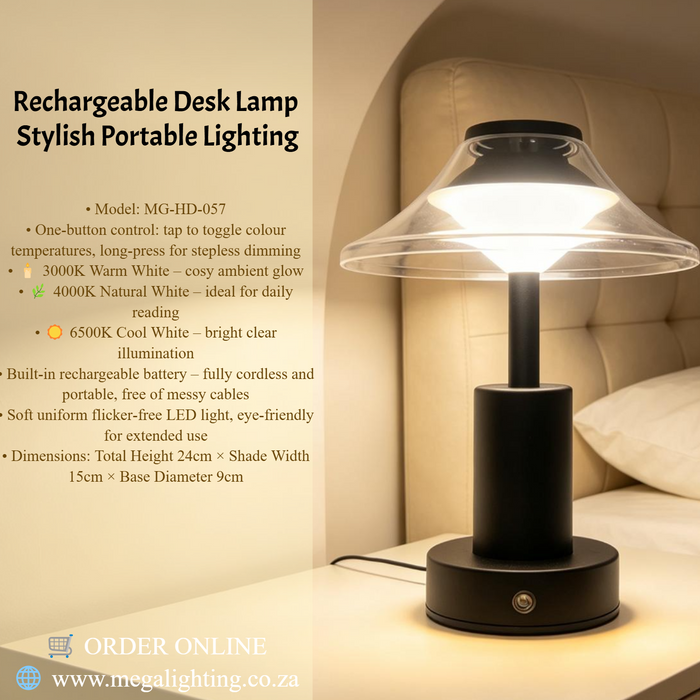 MG‑HD‑057 rechargeable desk lamp transparent umbrella‑shade matte‑black metal‑frame cordless 3‑colour stepless dimming MEGA LIGHTING South Africa