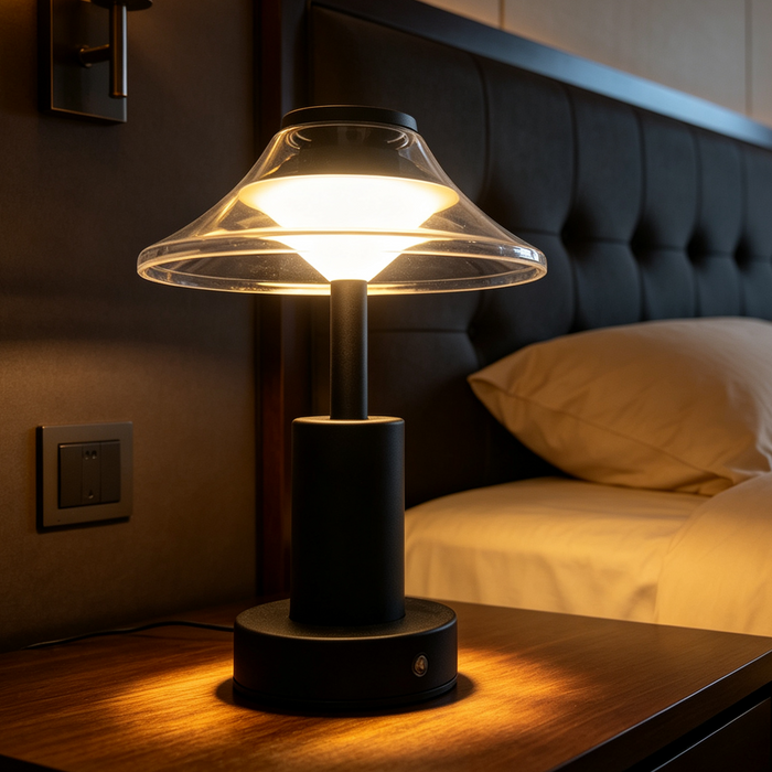 MG‑HD‑057 rechargeable desk lamp transparent umbrella‑shade matte‑black metal‑frame cordless 3‑colour stepless dimming MEGA LIGHTING South Africa