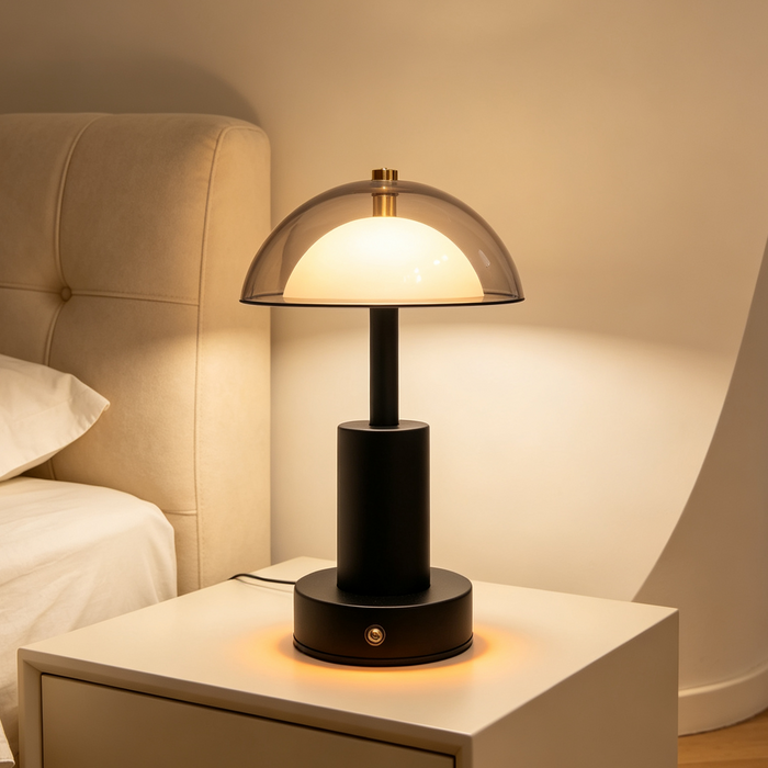 MG‑HD‑056 rechargeable mushroom table‑lamp touch‑control 3‑colour stepless‑dimming transparent‑dome black‑gold metal‑frame MEGA LIGHTING South Africa