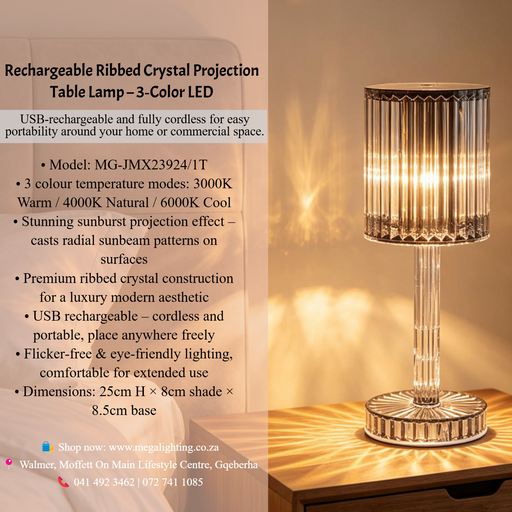 MG-JMX23924/1T Rechargeable Ribbed Crystal Projection Table Lamp, 3-Colour LED cordless decorative table lamp, MEGA LIGHTING South Africa