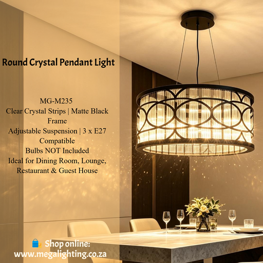 Luxury round crystal pendant‑light matte‑black metal clear vertical‑crystal‑strips adjustable suspension 3xE27 MEGA LIGHTING South Africa