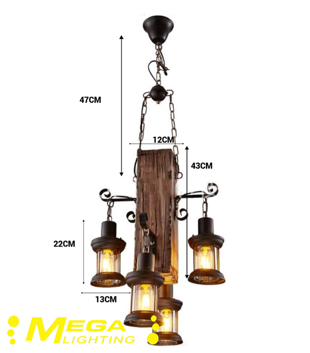 Rustic Wood Metal Chandelier – 4‑Light Vintage Industrial Pendant Light | Antique Farmhouse Hanging Ceiling Lamp for Kitchen Island, Bar, Pub &amp; Dining Room | MEGA LIGHTING South Africa