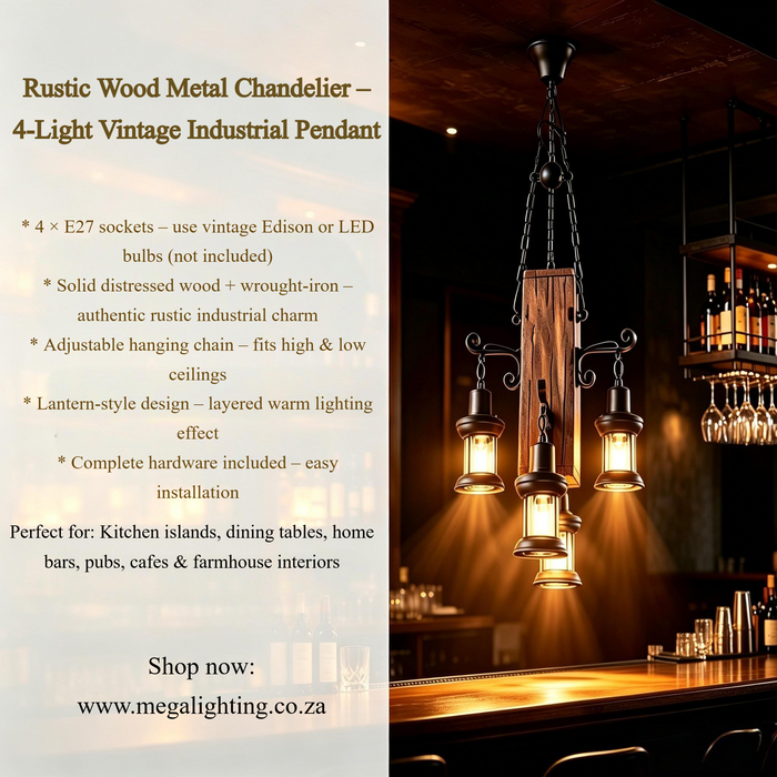 Rustic Wood Metal Chandelier – 4‑Light Vintage Industrial Pendant Light | Antique Farmhouse Hanging Ceiling Lamp for Kitchen Island, Bar, Pub &amp; Dining Room | MEGA LIGHTING South Africa
