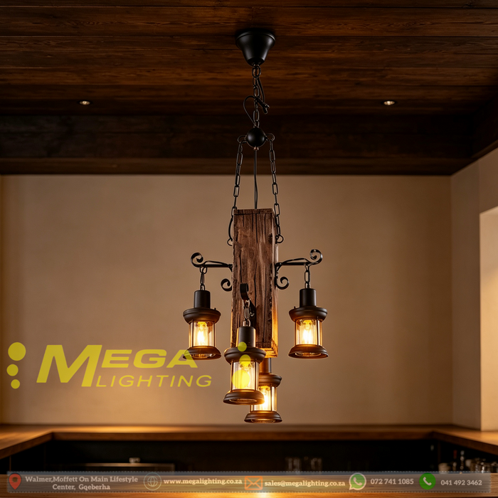 Rustic Wood Metal Chandelier – 4‑Light Vintage Industrial Pendant Light | Antique Farmhouse Hanging Ceiling Lamp for Kitchen Island, Bar, Pub &amp; Dining Room | MEGA LIGHTING South Africa