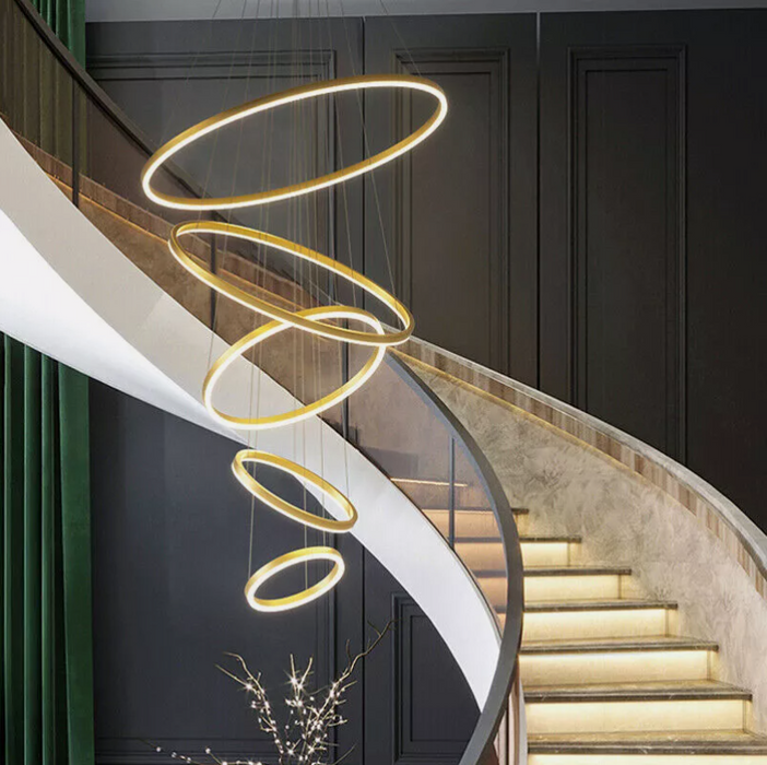 5Ring lights Big Round LED Chandelier Villa Stairs Ring Pendant Light Loft Ceiling Lamp