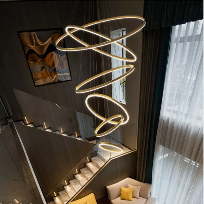 5Ring lights Big Round LED Chandelier Villa Stairs Ring Pendant Light Loft Ceiling Lamp