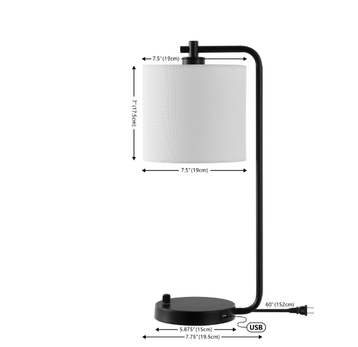 Modern Black USB Port Iron Table Lamp with White 100% Cotton Shade