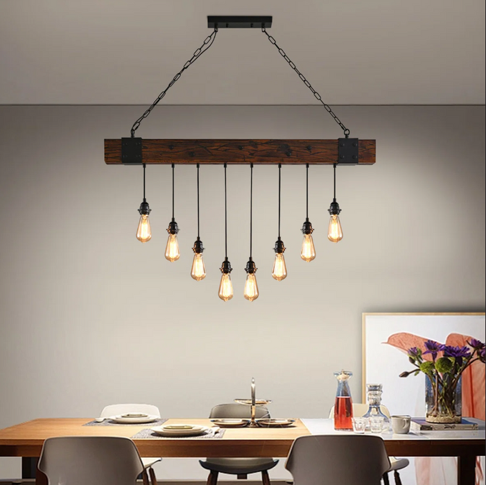 10-Light Dark Brown Wood and Black Linear Farmhouse Bare Bulb LED Chandelier, Large Linear Modern Farmhouse Chandeliers Light for Dining Room, Kitchen Island, Bedroom