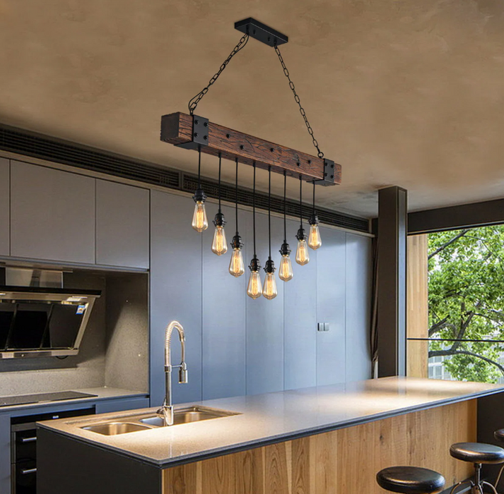10-Light Dark Brown Wood and Black Linear Farmhouse Bare Bulb LED Chandelier, Large Linear Modern Farmhouse Chandeliers Light for Dining Room, Kitchen Island, Bedroom
