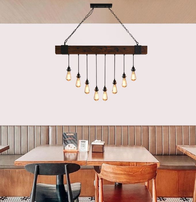 10-Light Dark Brown Wood and Black Linear Farmhouse Bare Bulb LED Chandelier, Large Linear Modern Farmhouse Chandeliers Light for Dining Room, Kitchen Island, Bedroom