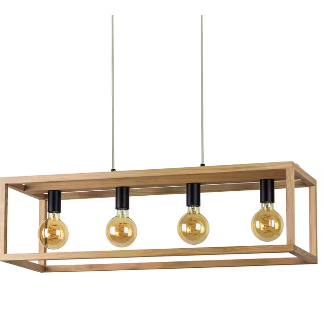 4-Bulb Ceiling Light Made of Wood in Natural, Modern Light in Scandinavian Design, 4 x E27 Sockets, with Light Effect on the Ceiling