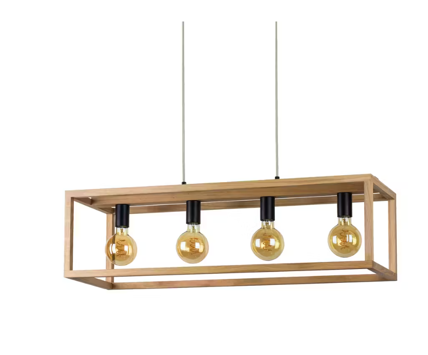 4-Bulb Ceiling Light Made of Wood in Natural, Modern Light in Scandinavian Design, 4 x E27 Sockets, with Light Effect on the Ceiling