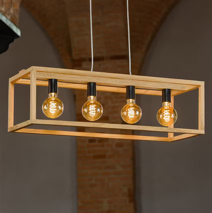 4-Bulb Ceiling Light Made of Wood in Natural, Modern Light in Scandinavian Design, 4 x E27 Sockets, with Light Effect on the Ceiling