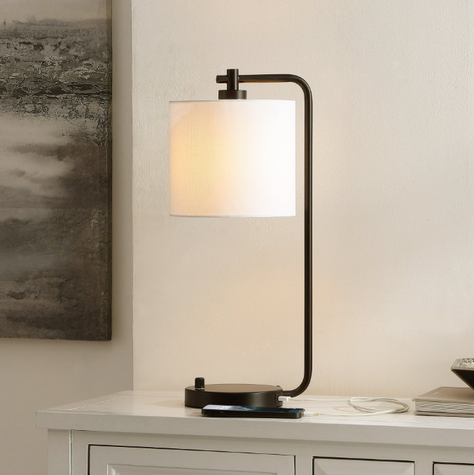 Modern Black USB Port Iron Table Lamp with White 100% Cotton Shade