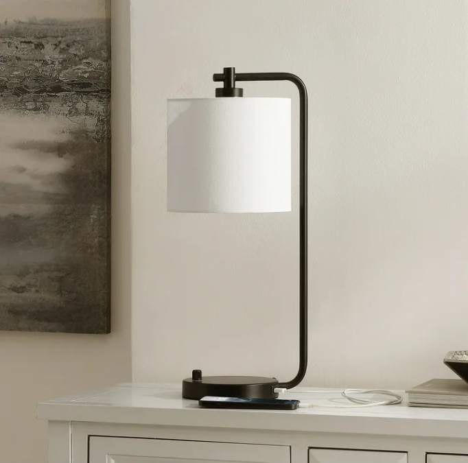 Modern Black USB Port Iron Table Lamp with White 100% Cotton Shade