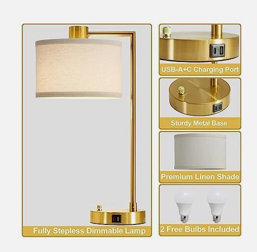 Gold Color Modern Accent Table Lamp 21" High with USB and AC Power Outlet in Base Brass White Linen Drum Shade