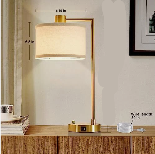Gold Color Modern Accent Table Lamp 21" High with USB and AC Power Outlet in Base Brass White Linen Drum Shade