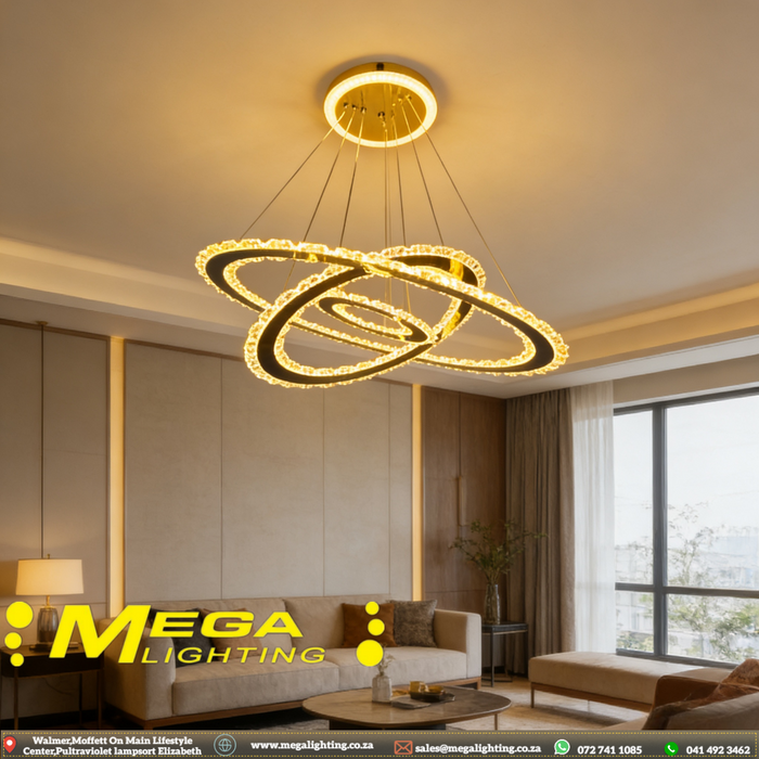 Shop 3-ring modern oval LED chandelier – stylish hanging ceiling luminaire for living room, dining & bedroom in South Africa | MEGA LIGHTING