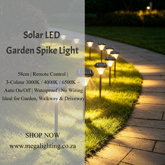 Solar LED Garden Spike Light – 58cm | Remote Control | 3-Colour Change (3000K/4000K/6500K) | Solar Powered | Waterproof Outdoor Path Light for Garden, Walkway &amp; Driveway | MEGA LIGHTING South Africa
