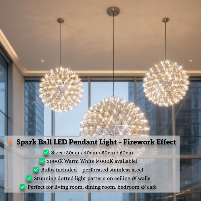 Modern loft spark ball LED pendant light in 50cm size, glowing warm white, suspended above a contemporary dining table.
