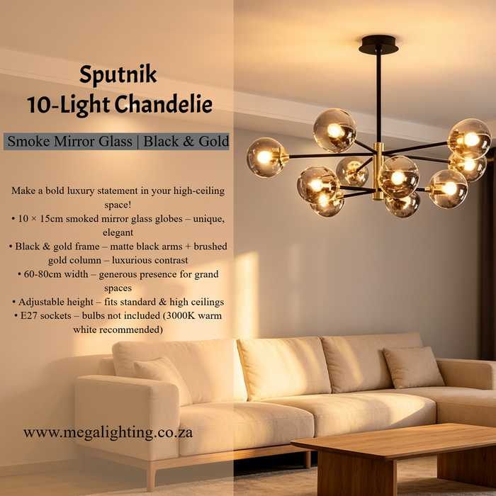 MG‑7005/10 Sputnik 10‑light chandelier smoke mirror glass black gold frame high ceiling villa foyer MEGA LIGHTING South Africa