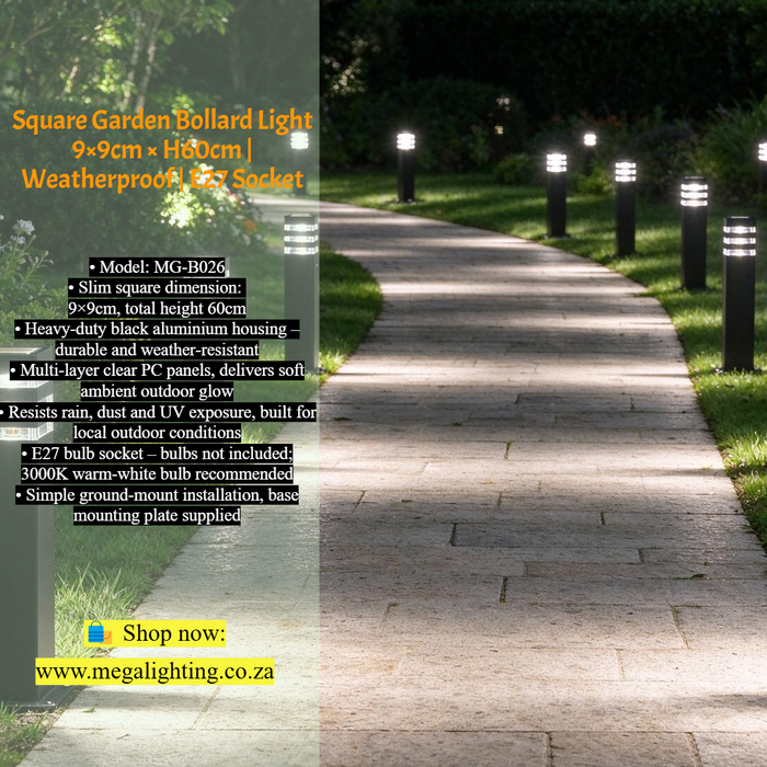 Square Garden Bollard Light – 9×9cm × H60cm | Matte Black Aluminium + Clear PC | E27 Socket (Bulb Not Included) | Weatherproof Outdoor Lighting for Garden, Pathway &amp; Driveway | MEGA LIGHTING South Africa