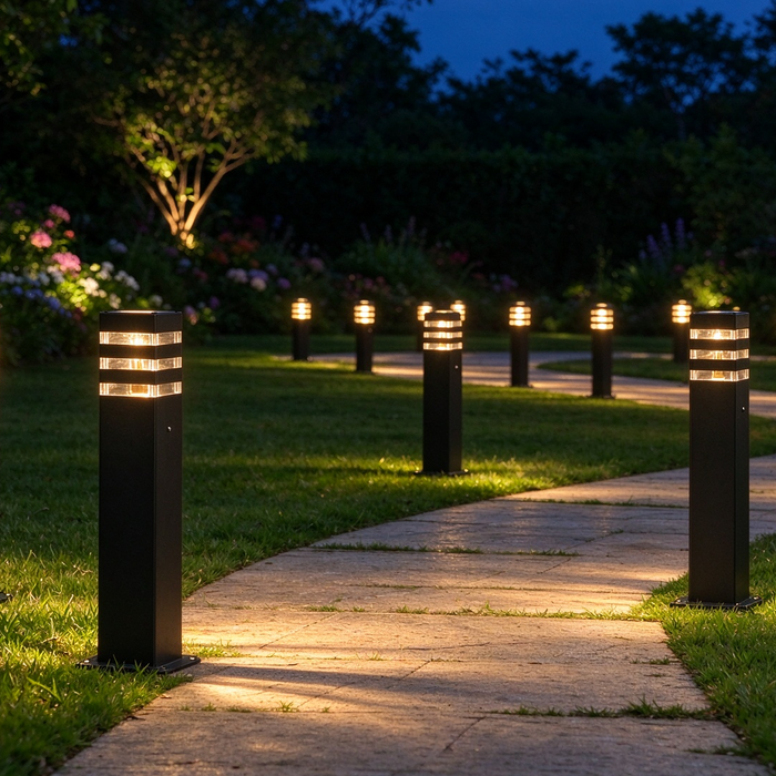 Square Garden Bollard Light – 9×9cm × H60cm | Matte Black Aluminium + Clear PC | E27 Socket (Bulb Not Included) | Weatherproof Outdoor Lighting for Garden, Pathway &amp; Driveway | MEGA LIGHTING South Africa