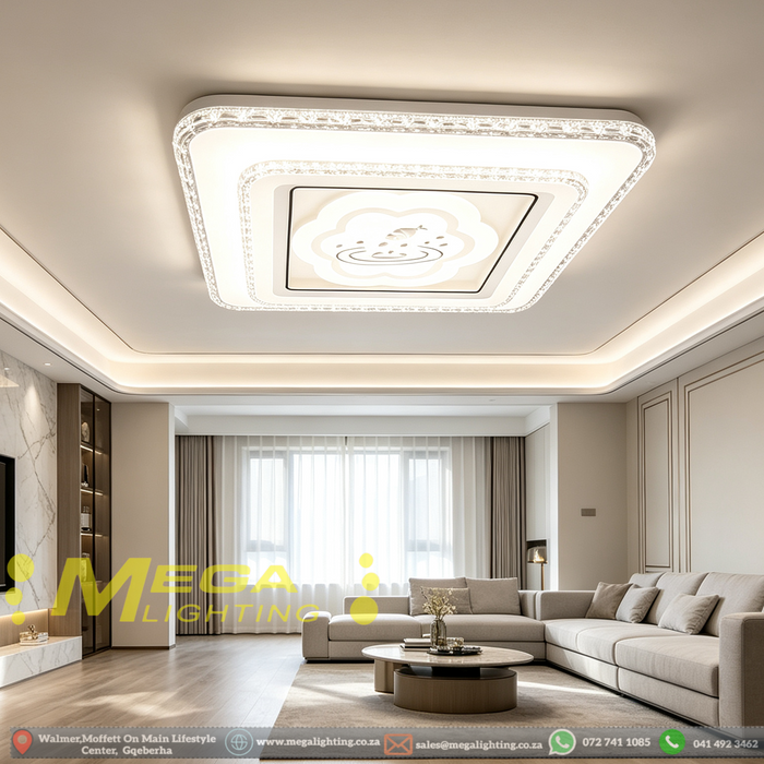 48×48cm square LED surface‑mount ceiling light crystal‑style frame 3‑colour switchable MEGA LIGHTING South Africa