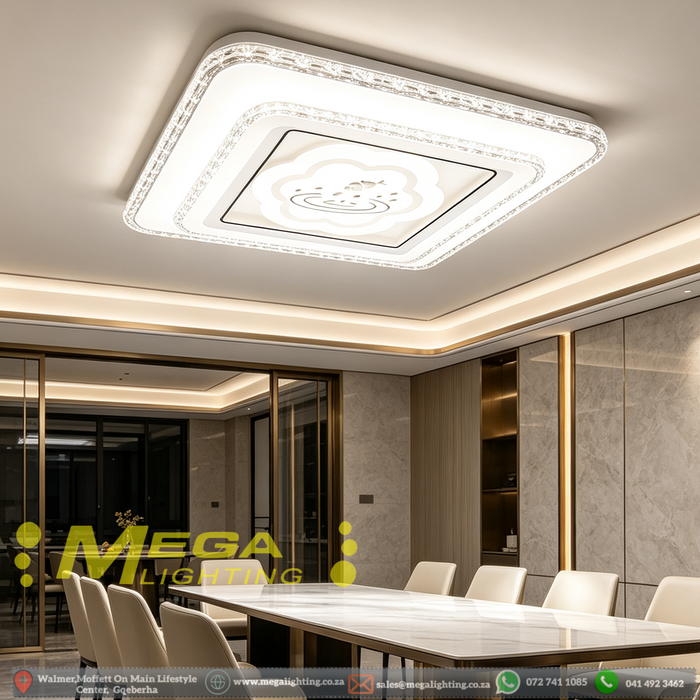 48×48cm square LED surface‑mount ceiling light crystal‑style frame 3‑colour switchable MEGA LIGHTING South Africa