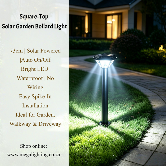 Main image: 73cm square‑top solar garden bollard light, IP waterproof spike‑in outdoor path light MEGA LIGHTING South Africa