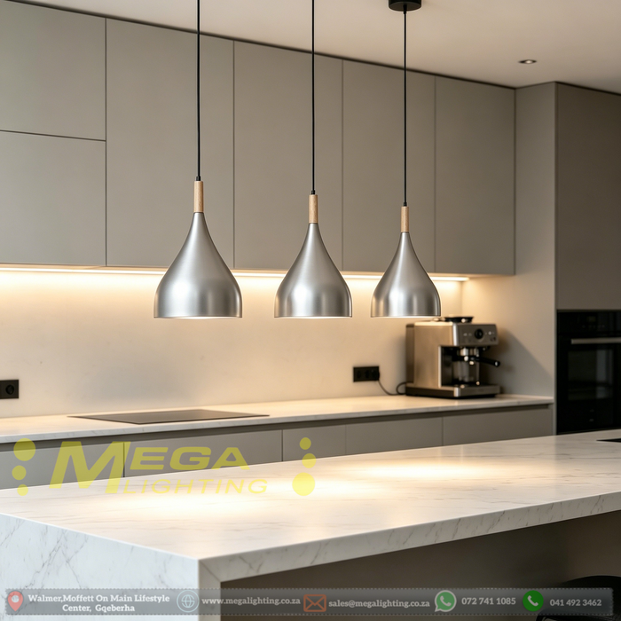 Minimalist teardrop pendant light with wooden connector and black ceiling base, adjustable hanging lamp in matte black and brushed silver finishes, modern home decorative ceiling light, MEGA LIGHTING South Africa