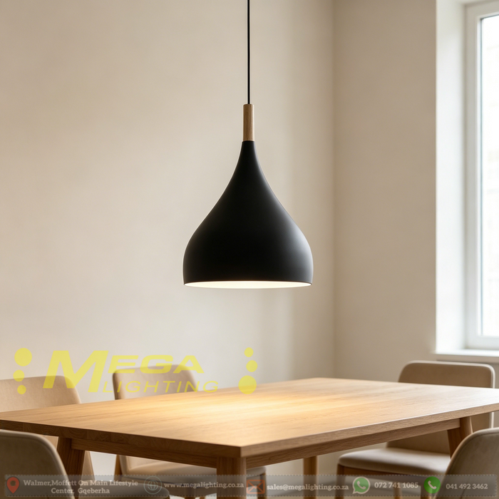 Minimalist teardrop pendant light with wooden connector and black ceiling base, adjustable hanging lamp in matte black and brushed silver finishes, modern home decorative ceiling light, MEGA LIGHTING South Africa