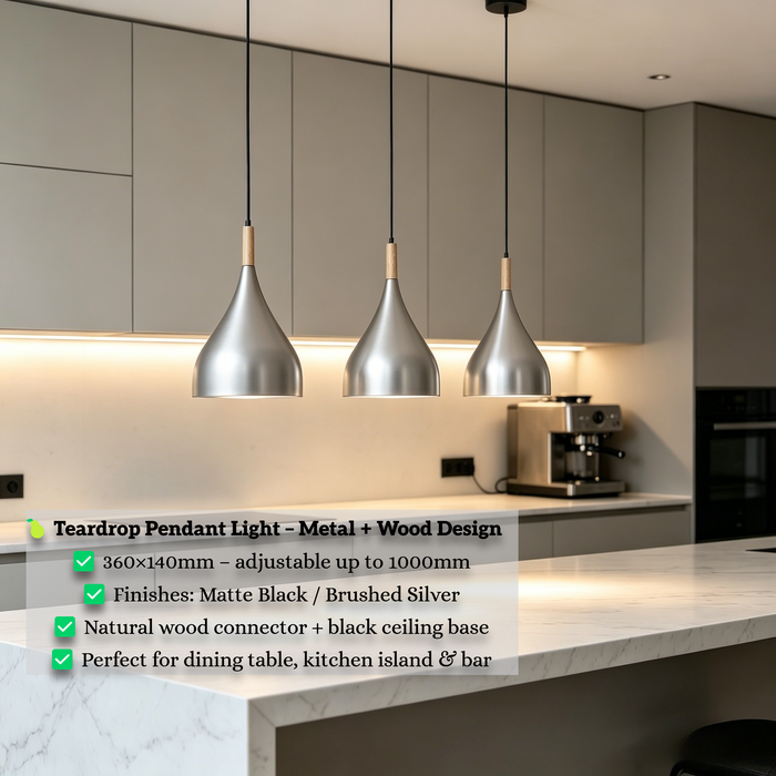 Scene alt: Single teardrop wooden connector pendant light above kitchen island, minimalist home decor lamp
