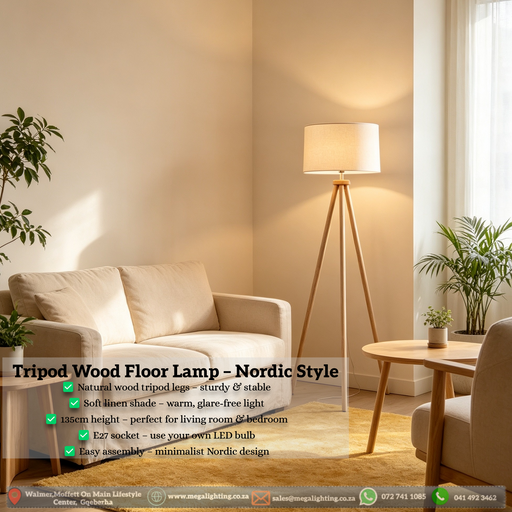 135cm tripod wood floor lamp with linen shade, Nordic standing light in a minimalist living room setting in South Africa