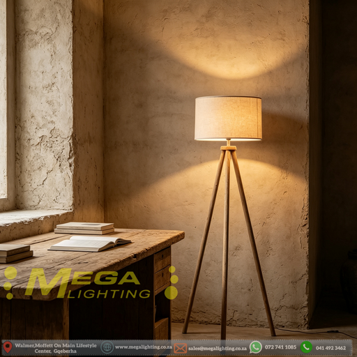 135cm tripod wood floor lamp with linen shade, Nordic standing light in a minimalist living room setting in South Africa