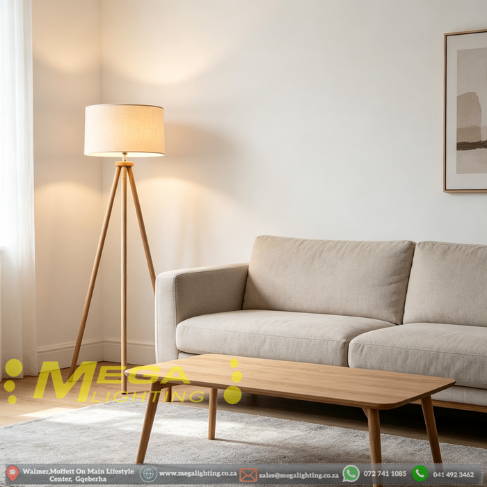 135cm tripod wood floor lamp with linen shade, Nordic standing light in a minimalist living room setting in South Africa