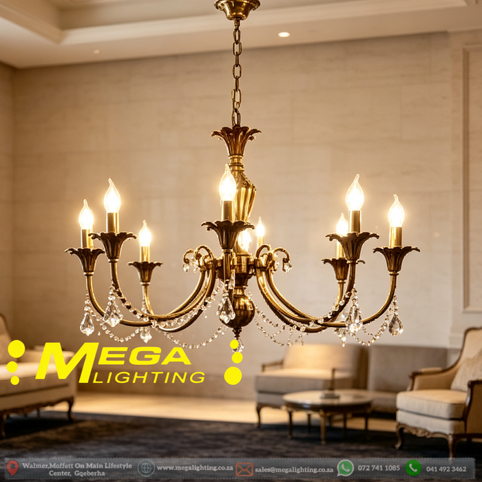 MG‑1959‑6 6‑arm vintage brass crystal chandelier antique‑brass frame crystal drops bead‑chains adjustable chain MEGA LIGHTING South Africa