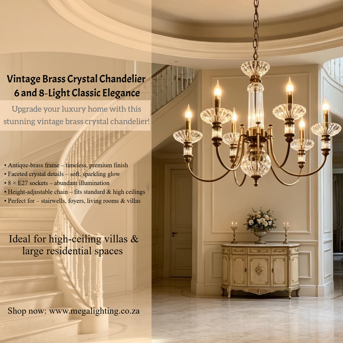 Vintage brass crystal chandelier 8‑light E27 antique‑brass frame adjustable chain villa stairwell foyer MEGA LIGHTING South Africa