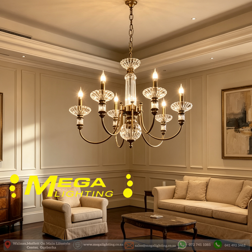 Vintage brass crystal chandelier 8‑light E27 antique‑brass frame adjustable chain villa stairwell foyer MEGA LIGHTING South Africa