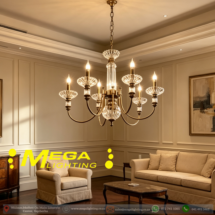 Vintage brass crystal chandelier 8‑light E27 antique‑brass frame adjustable chain villa stairwell foyer MEGA LIGHTING South Africa