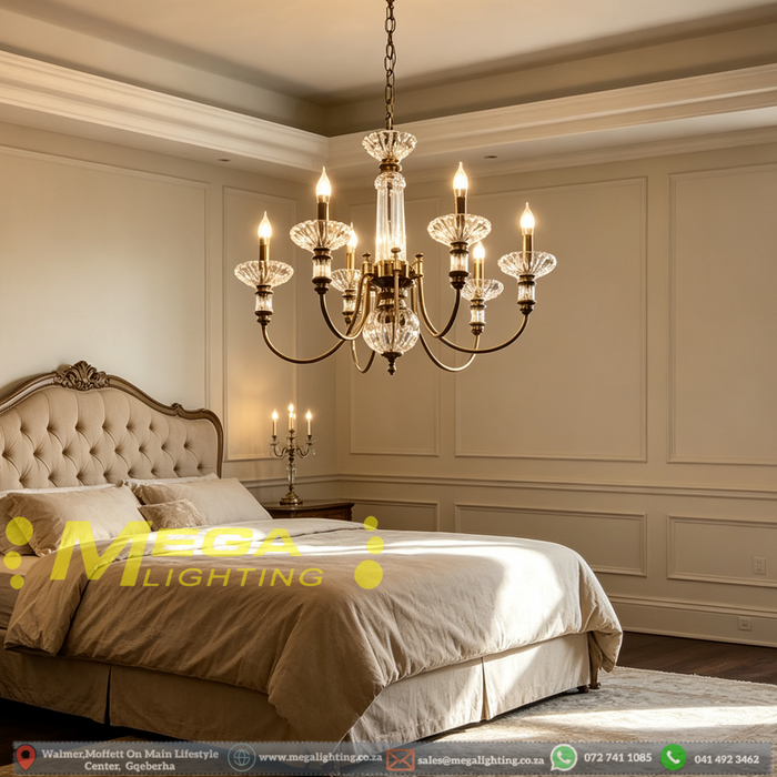 Vintage brass crystal chandelier 8‑light E27 antique‑brass frame adjustable chain villa stairwell foyer MEGA LIGHTING South Africa