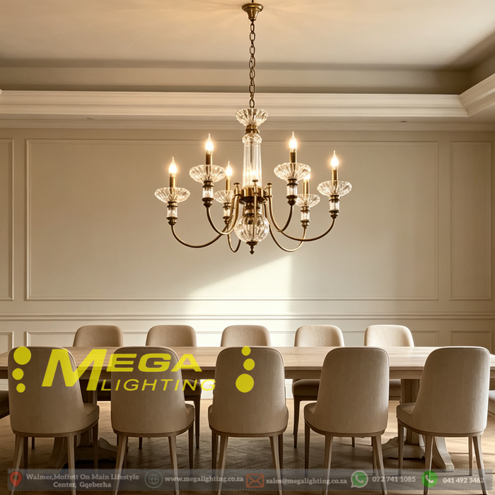 Vintage brass crystal chandelier 8‑light E27 antique‑brass frame adjustable chain villa stairwell foyer MEGA LIGHTING South Africa
