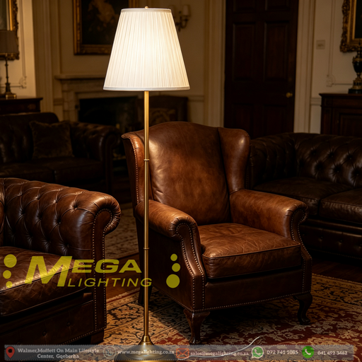 Vintage brass floor lamp with pleated fabric shade, classic standing light in a warm bedroom corner setting in South Africa