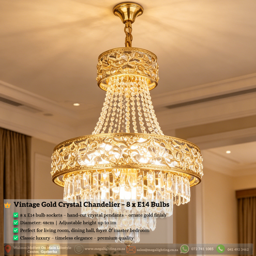 Vintage gold crystal chandelier with 8 x E14 bulbs, ornate classic ceiling light with crystal drops, luxury chandelier for living room dining room, MEGA LIGHTING South Africa